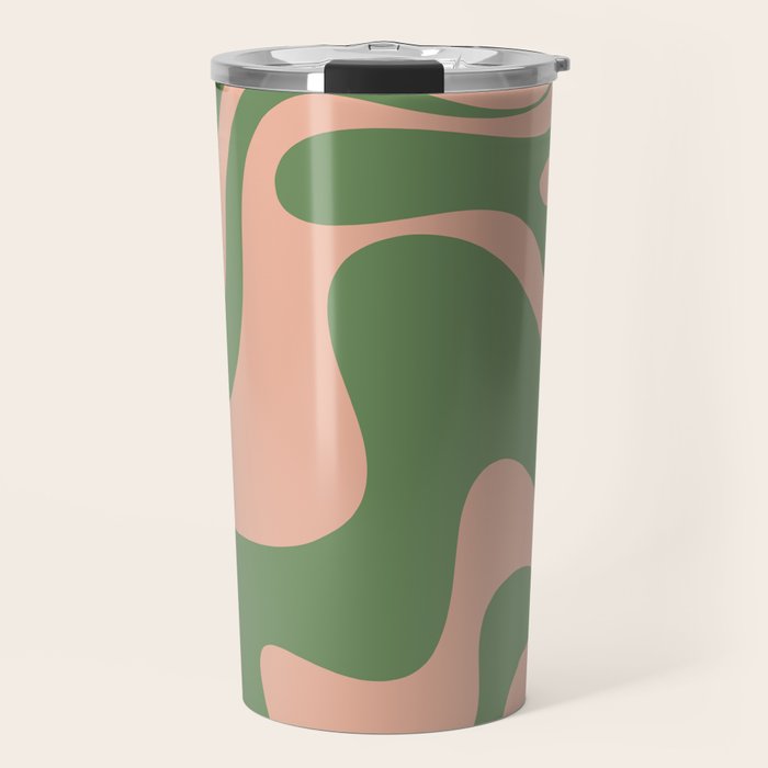 Retro Liquid Swirl Contemporary Abstract Pattern 2 in Blush Pink and Vintage Green Travel Mug Gallery Image 1