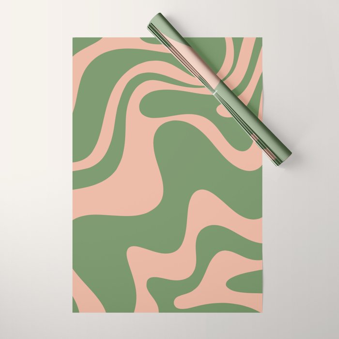 Retro Liquid Swirl Contemporary Abstract Pattern 2 in Blush Pink and Vintage Green Wrapping Paper Gallery Image 1