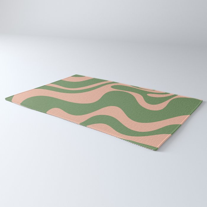 Retro Liquid Swirl Contemporary Abstract Pattern 2 in Blush Pink and Vintage Green Rug Gallery Image 3