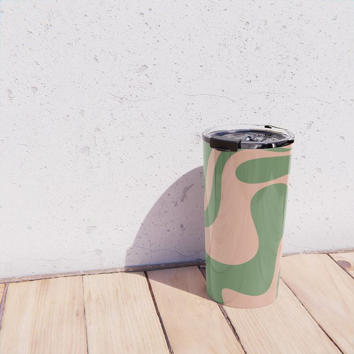 Retro Liquid Swirl Contemporary Abstract Pattern 2 in Blush Pink and Vintage Green Travel Mug Gallery Image 4