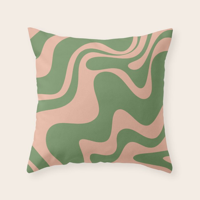 Retro Liquid Swirl Contemporary Abstract Pattern 2 in Blush Pink and Vintage Green Throw Pillow Gallery Image 1