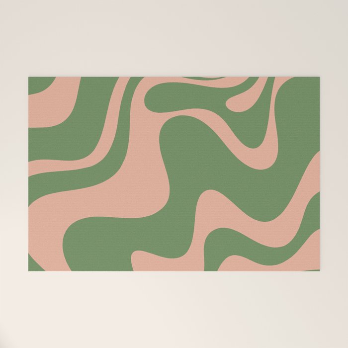 Retro Liquid Swirl Contemporary Abstract Pattern 2 in Blush Pink and Vintage Green Welcome Mat Gallery Image 1