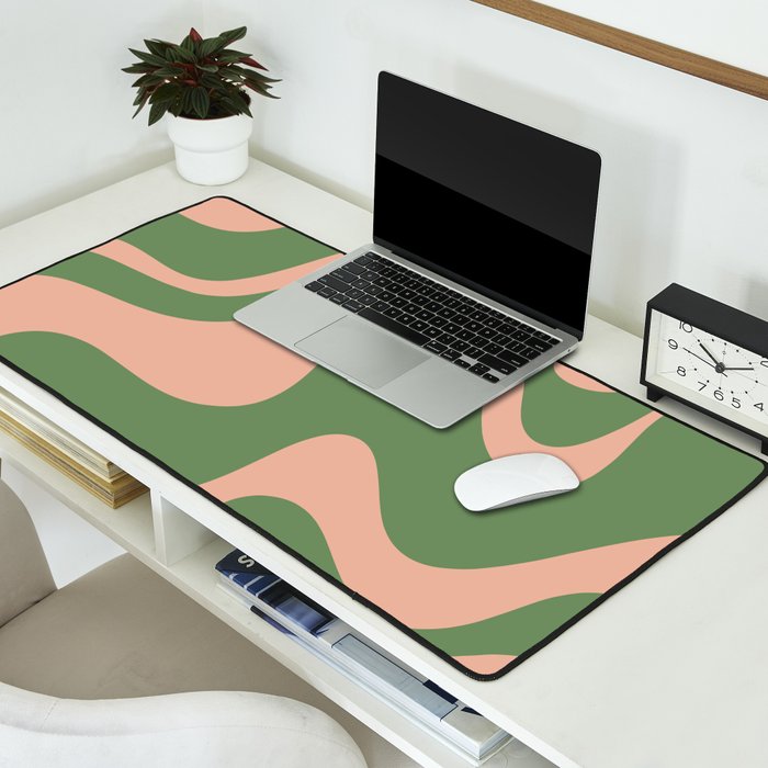 Retro Liquid Swirl Contemporary Abstract Pattern 2 in Blush Pink and Vintage Green Desk Mat Gallery Image 2