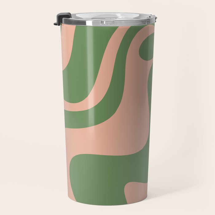 Retro Liquid Swirl Contemporary Abstract Pattern 2 in Blush Pink and Vintage Green Travel Mug Gallery Image 3