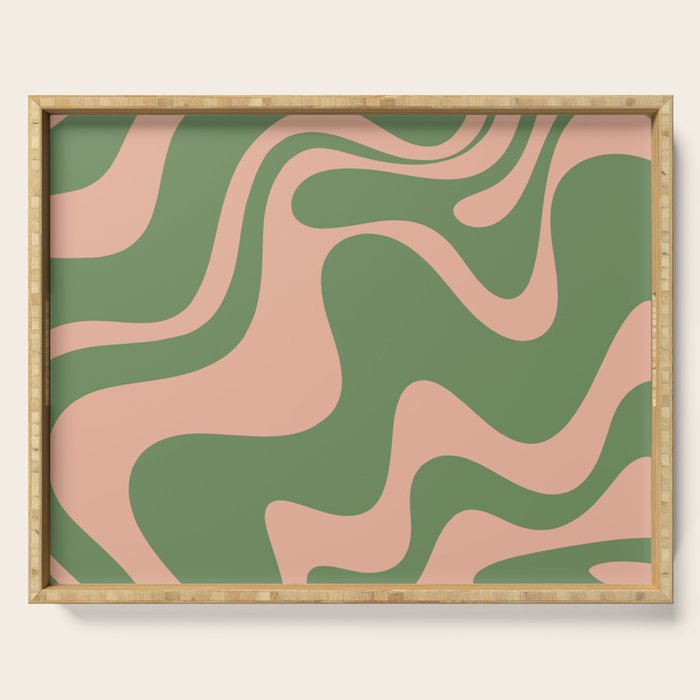 Retro Liquid Swirl Contemporary Abstract Pattern 2 in Blush Pink and Vintage Green Serving Tray Gallery Image 1