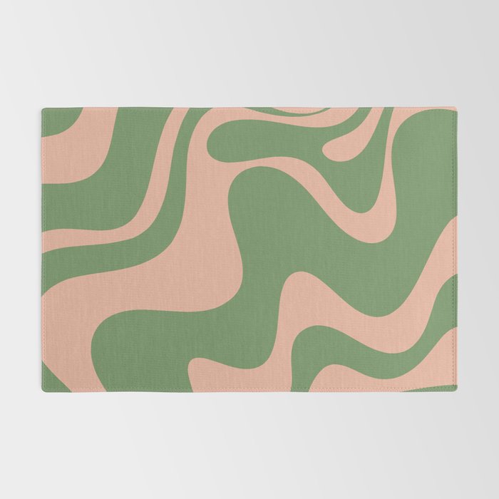 Retro Liquid Swirl Contemporary Abstract Pattern 2 in Blush Pink and Vintage Green Rug Gallery Image 2