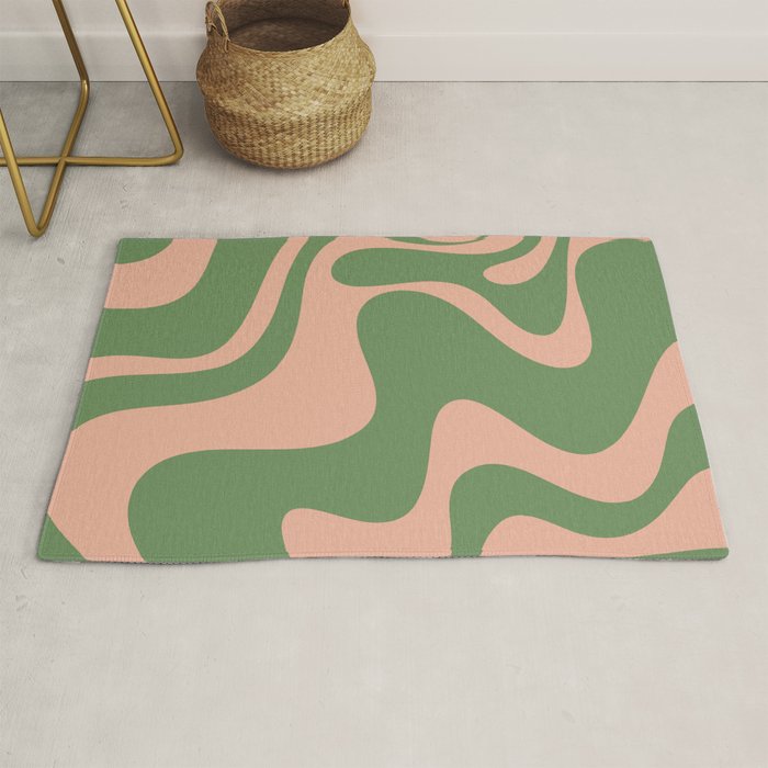 Retro Liquid Swirl Contemporary Abstract Pattern 2 in Blush Pink and Vintage Green Rug Gallery Image 1