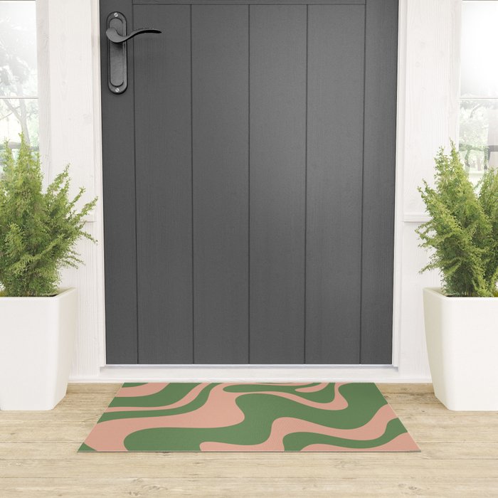Retro Liquid Swirl Contemporary Abstract Pattern 2 in Blush Pink and Vintage Green Welcome Mat Gallery Image 3
