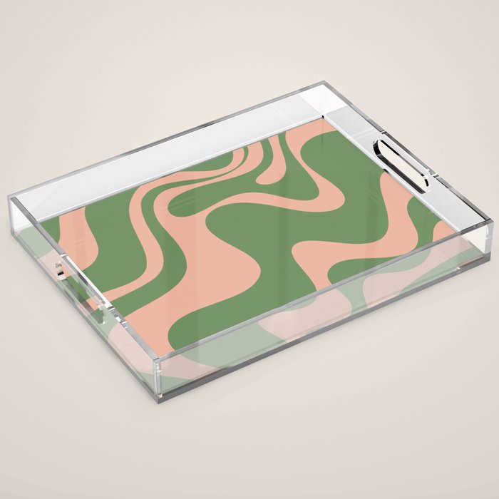 Retro Liquid Swirl Contemporary Abstract Pattern 2 in Blush Pink and Vintage Green Acrylic Tray Gallery Image 1