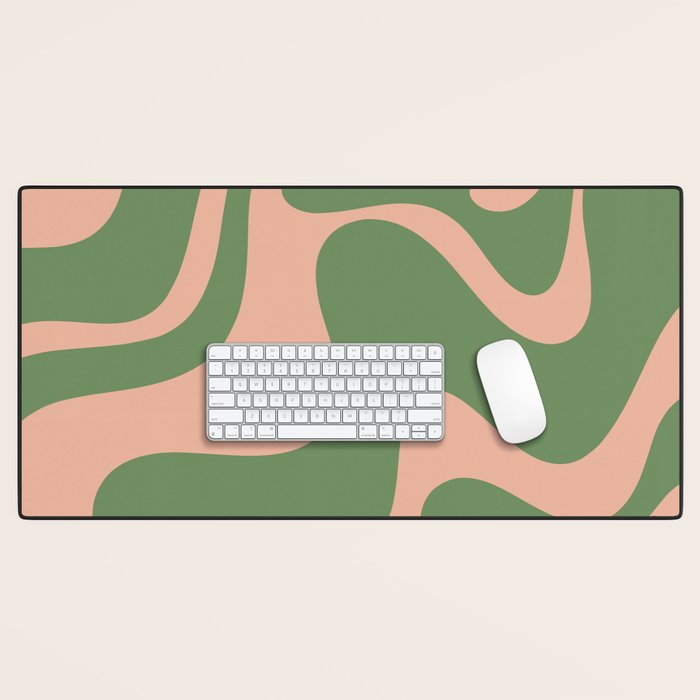 Retro Liquid Swirl Contemporary Abstract Pattern 2 in Blush Pink and Vintage Green Desk Mat Gallery Image 1