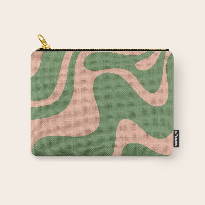 Retro Liquid Swirl Contemporary Abstract Pattern 2 in Blush Pink and Vintage Green Carry All Pouch Gallery Image 1