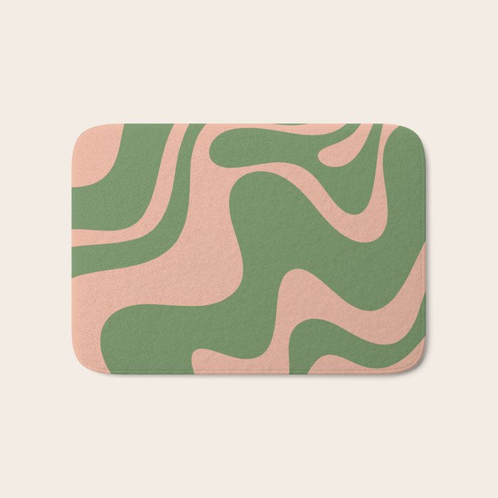 Retro Liquid Swirl Contemporary Abstract Pattern 2 in Blush Pink and Vintage Green Bath Mat Gallery Image 1