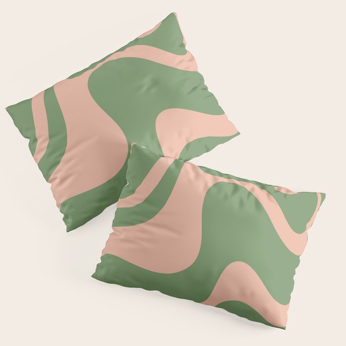 Retro Liquid Swirl Contemporary Abstract Pattern 2 in Blush Pink and Vintage Green Pillow Sham Gallery Image 3