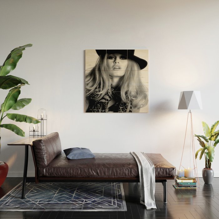 Brigitte Bardot Wearing Black Hat, Retro Fashion Art Wood Wall Art Gallery Image 2