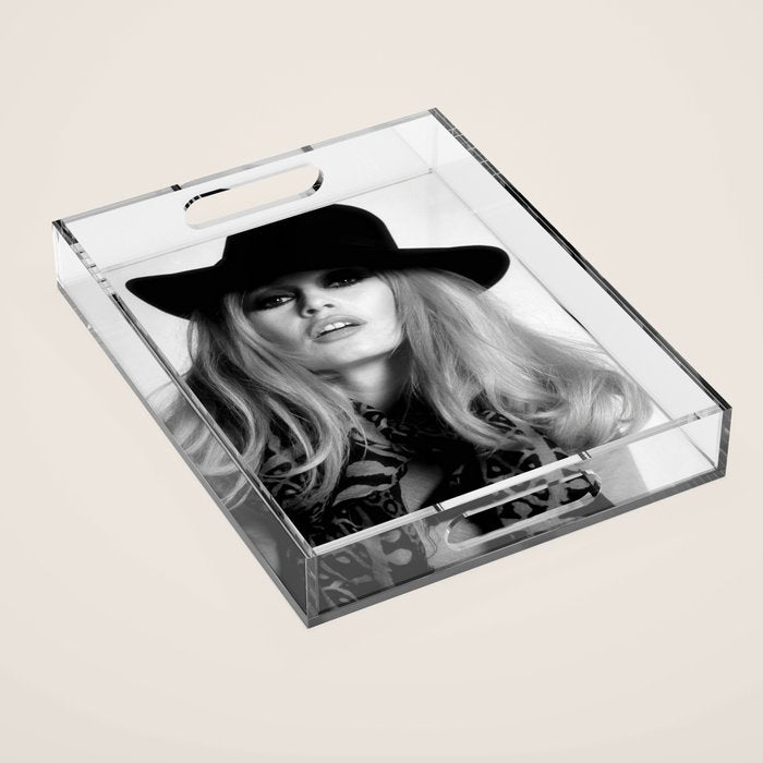 Brigitte Bardot Wearing Black Hat, Retro Fashion Art Acrylic Tray Gallery Image 1