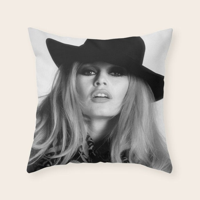 Brigitte Bardot Wearing Black Hat, Retro Fashion Art Throw Pillow Gallery Image 6