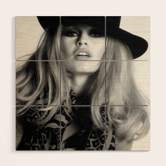 Brigitte Bardot Wearing Black Hat, Retro Fashion Art Wood Wall Art Gallery Image 1