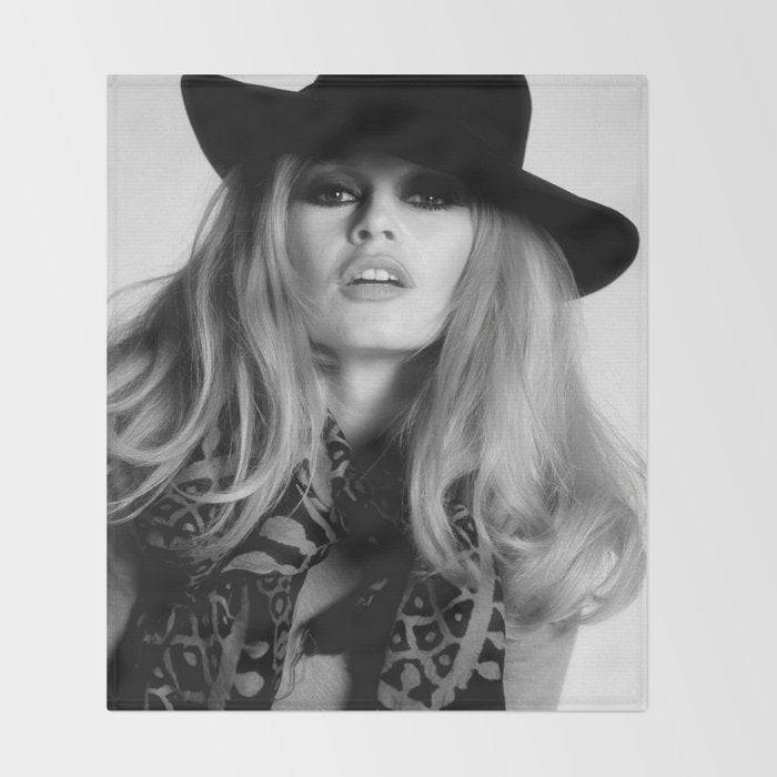 Brigitte Bardot Wearing Black Hat, Retro Fashion Art Throw Blanket Gallery Image 2