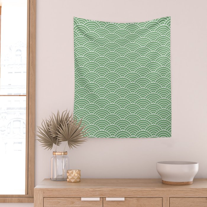 Japanese Waves Pattern Green Wall Tapestry Gallery Image 2