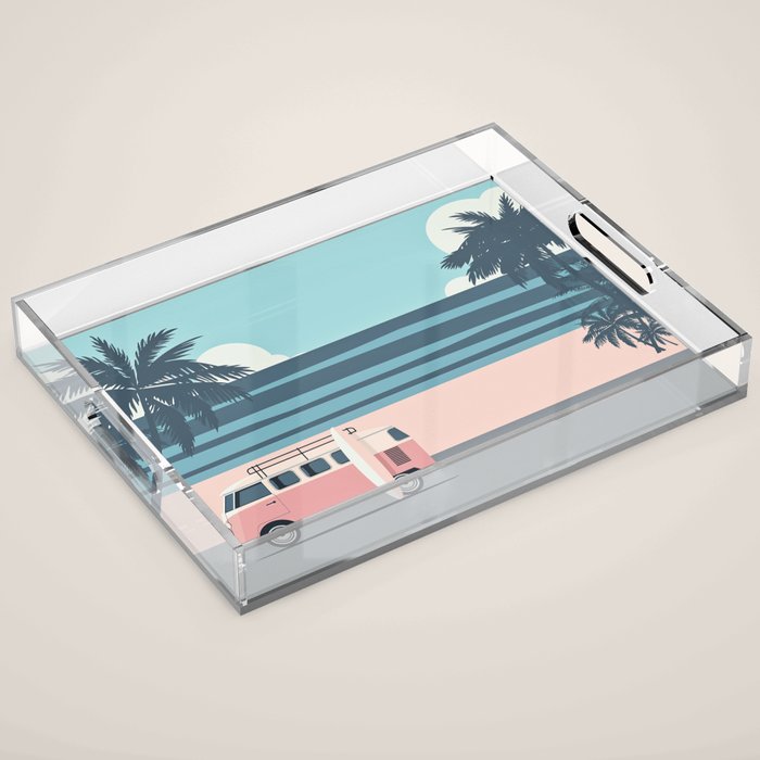 Surfer Graphic Beach Palm-Tree Camper-Van Art Acrylic Tray Gallery Image 1