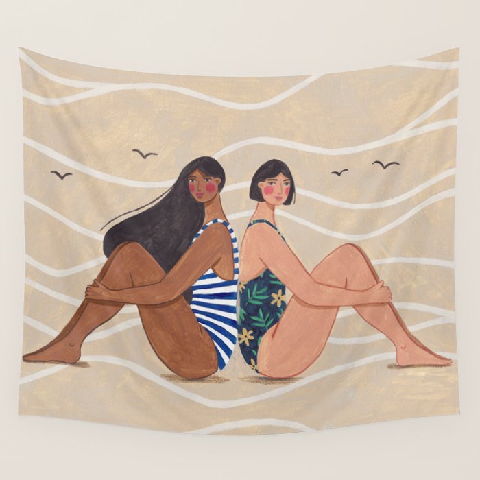 Women by the Sea Modern Beach Illustration Wall Tapestry Gallery Image 4