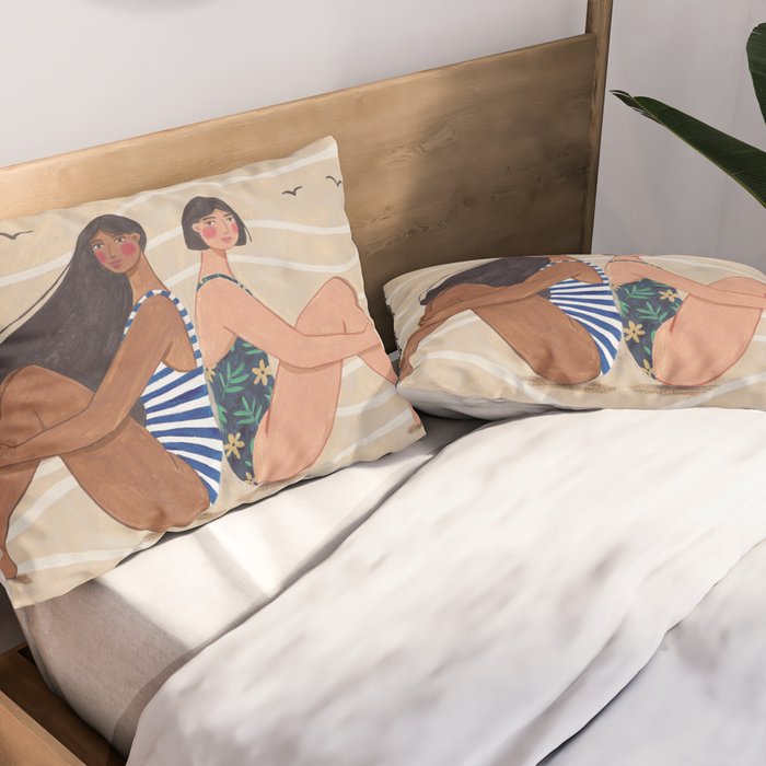 Women by the Sea Modern Beach Illustration Pillow Sham Gallery Image 2