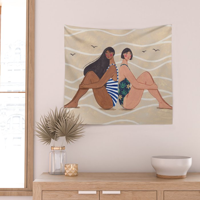 Women by the Sea Modern Beach Illustration Wall Tapestry Gallery Image 2