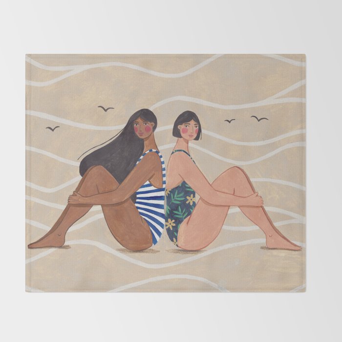 Women by the Sea Modern Beach Illustration Throw Blanket Gallery Image 2