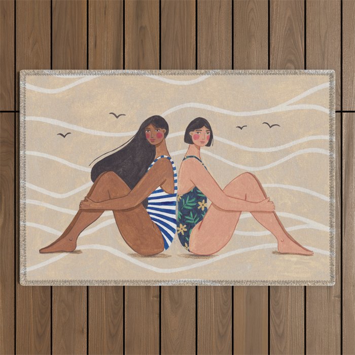 Women by the Sea Modern Beach Illustration Outdoor Rug Gallery Image 1