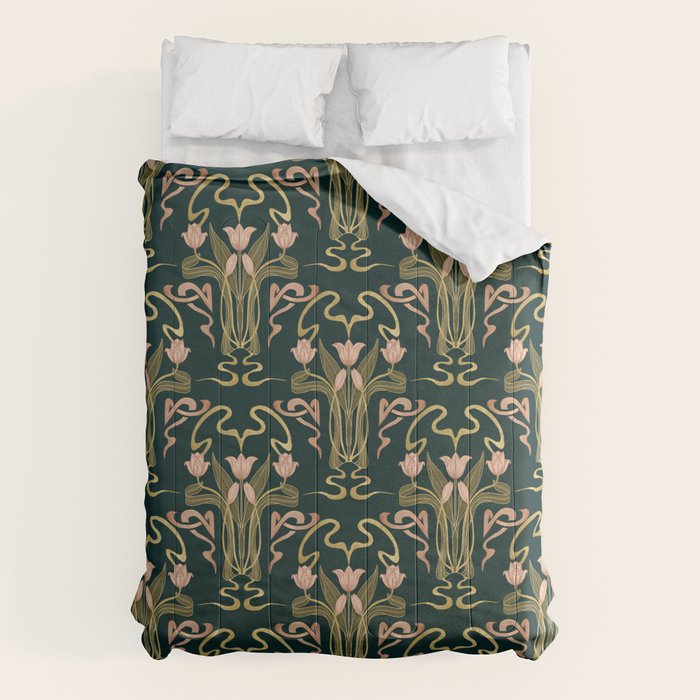 Deco Tulip Bloom - Art Deco Floral Nouveau Deep Forest Comforter Gallery Image 1