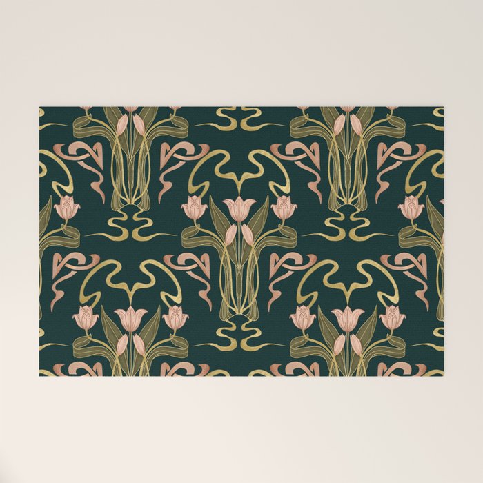 Deco Tulip Bloom - Art Deco Floral Nouveau Deep Forest Welcome Mat Gallery Image 1