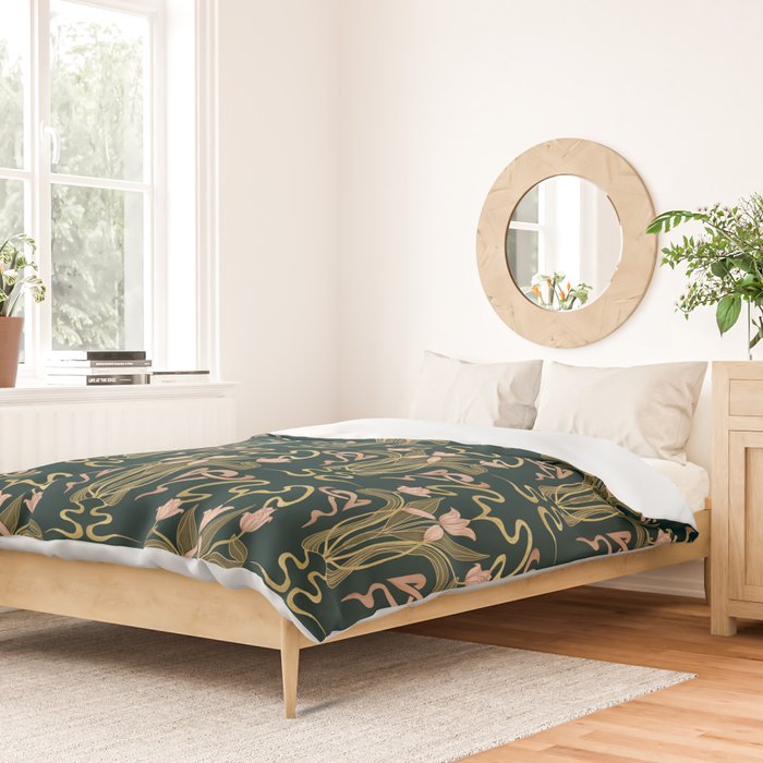 Deco Tulip Bloom - Art Deco Floral Nouveau Deep Forest Duvet Cover Gallery Image 2