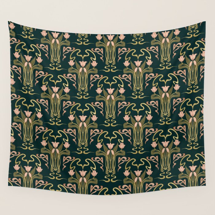 Deco Tulip Bloom - Art Deco Floral Nouveau Deep Forest Wall Tapestry Gallery Image 4