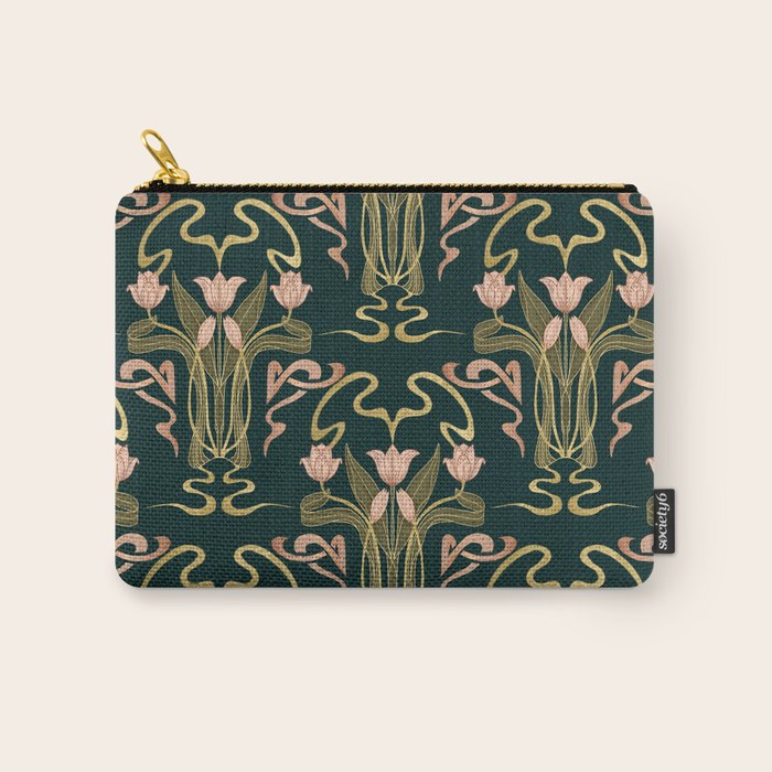 Deco Tulip Bloom - Art Deco Floral Nouveau Deep Forest Carry All Pouch Gallery Image 1