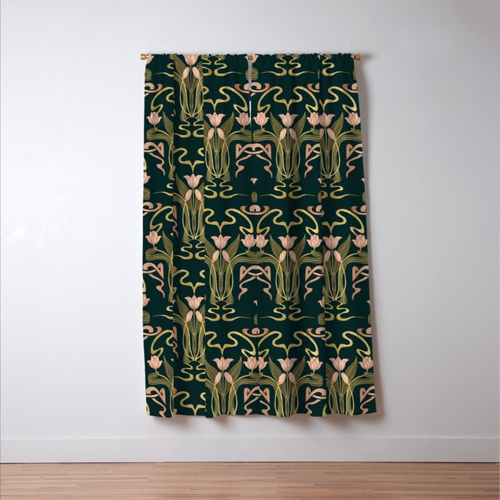 Deco Tulip Bloom - Art Deco Floral Nouveau Deep Forest Window Curtain Gallery Image 3