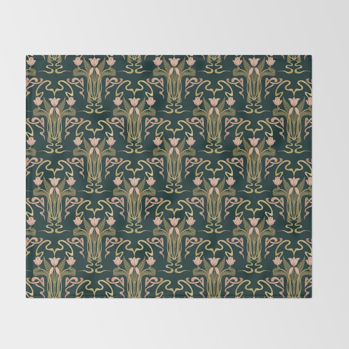 Deco Tulip Bloom - Art Deco Floral Nouveau Deep Forest Throw Blanket Gallery Image 2