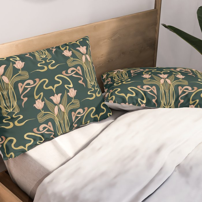 Deco Tulip Bloom - Art Deco Floral Nouveau Deep Forest Pillow Sham Gallery Image 2