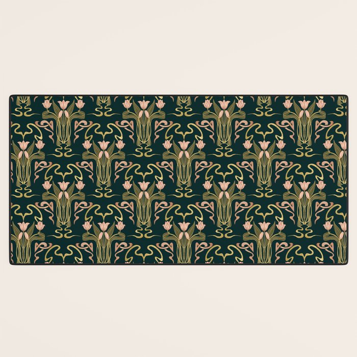 Deco Tulip Bloom - Art Deco Floral Nouveau Deep Forest Desk Mat Gallery Image 3