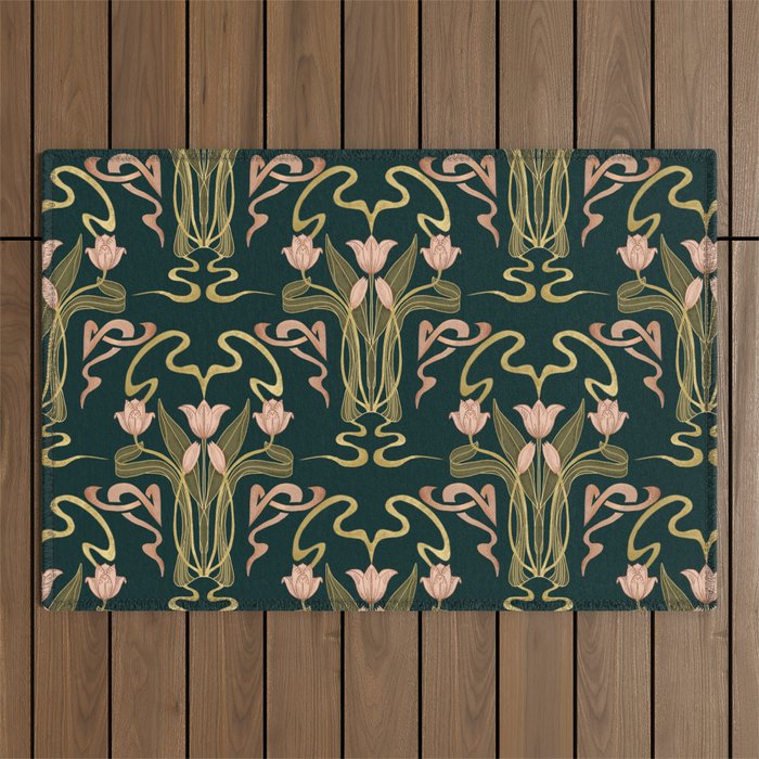 Deco Tulip Bloom - Art Deco Floral Nouveau Deep Forest Outdoor Rug Gallery Image 1