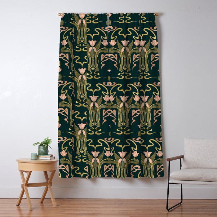 Deco Tulip Bloom - Art Deco Floral Nouveau Deep Forest Window Curtain Gallery Image 5