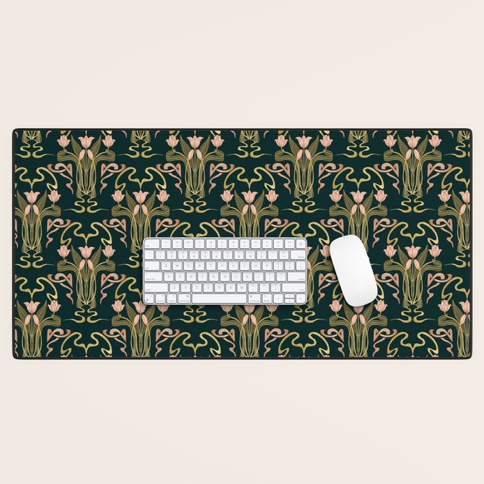 Deco Tulip Bloom - Art Deco Floral Nouveau Deep Forest Desk Mat Gallery Image 1