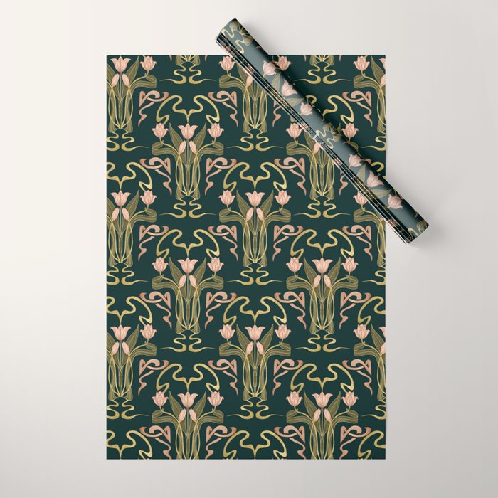 Deco Tulip Bloom - Art Deco Floral Nouveau Deep Forest Wrapping Paper Gallery Image 1
