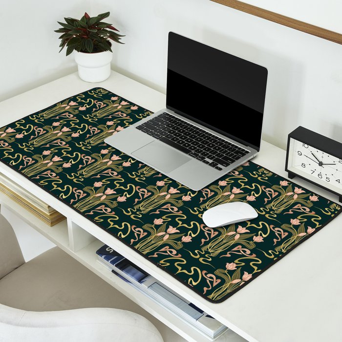 Deco Tulip Bloom - Art Deco Floral Nouveau Deep Forest Desk Mat Gallery Image 2