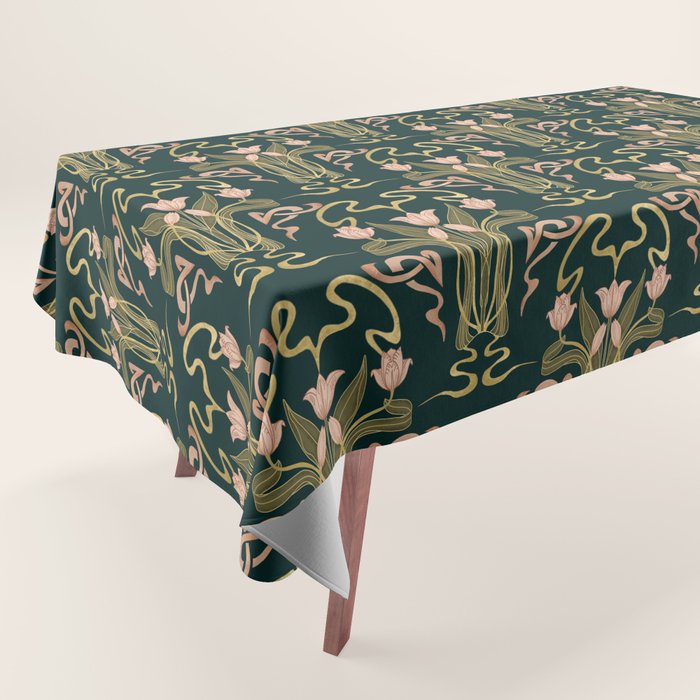Deco Tulip Bloom - Art Deco Floral Nouveau Deep Forest Tablecloth Gallery Image 1