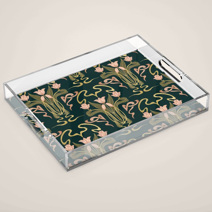 Deco Tulip Bloom - Art Deco Floral Nouveau Deep Forest Acrylic Tray Gallery Image 1