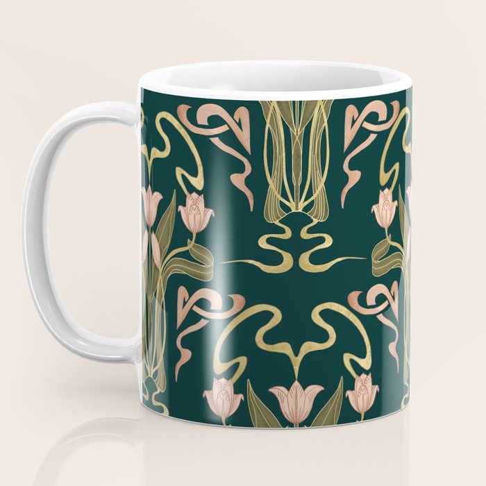 Deco Tulip Bloom - Art Deco Floral Nouveau Deep Forest Coffee Mug Gallery Image 3