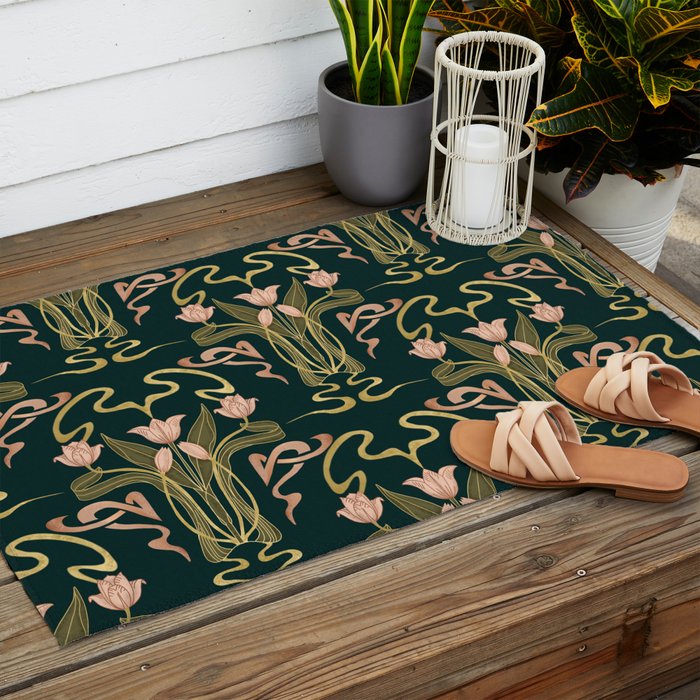 Deco Tulip Bloom - Art Deco Floral Nouveau Deep Forest Outdoor Rug Gallery Image 2