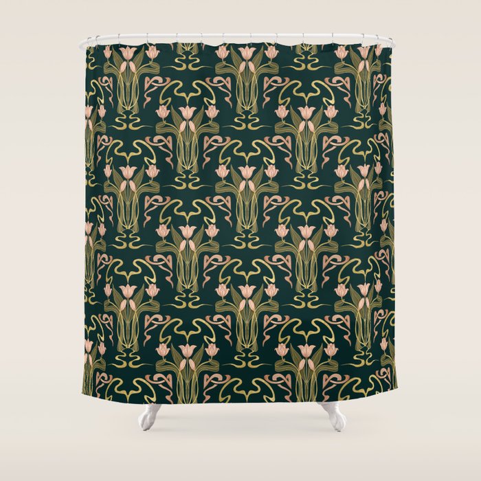 Deco Tulip Bloom - Art Deco Floral Nouveau Deep Forest Shower Curtain Gallery Image 1