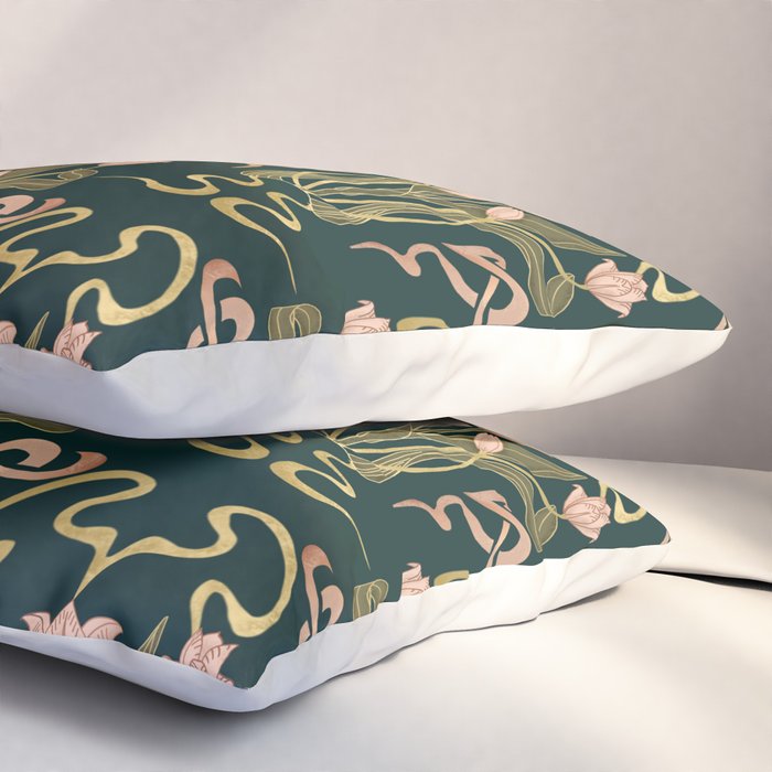 Deco Tulip Bloom - Art Deco Floral Nouveau Deep Forest Pillow Sham Gallery Image 3