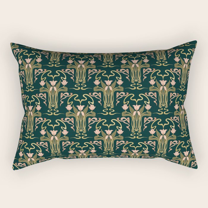 Deco Tulip Bloom - Art Deco Floral Nouveau Deep Forest Rectangular Pillow Gallery Image 2